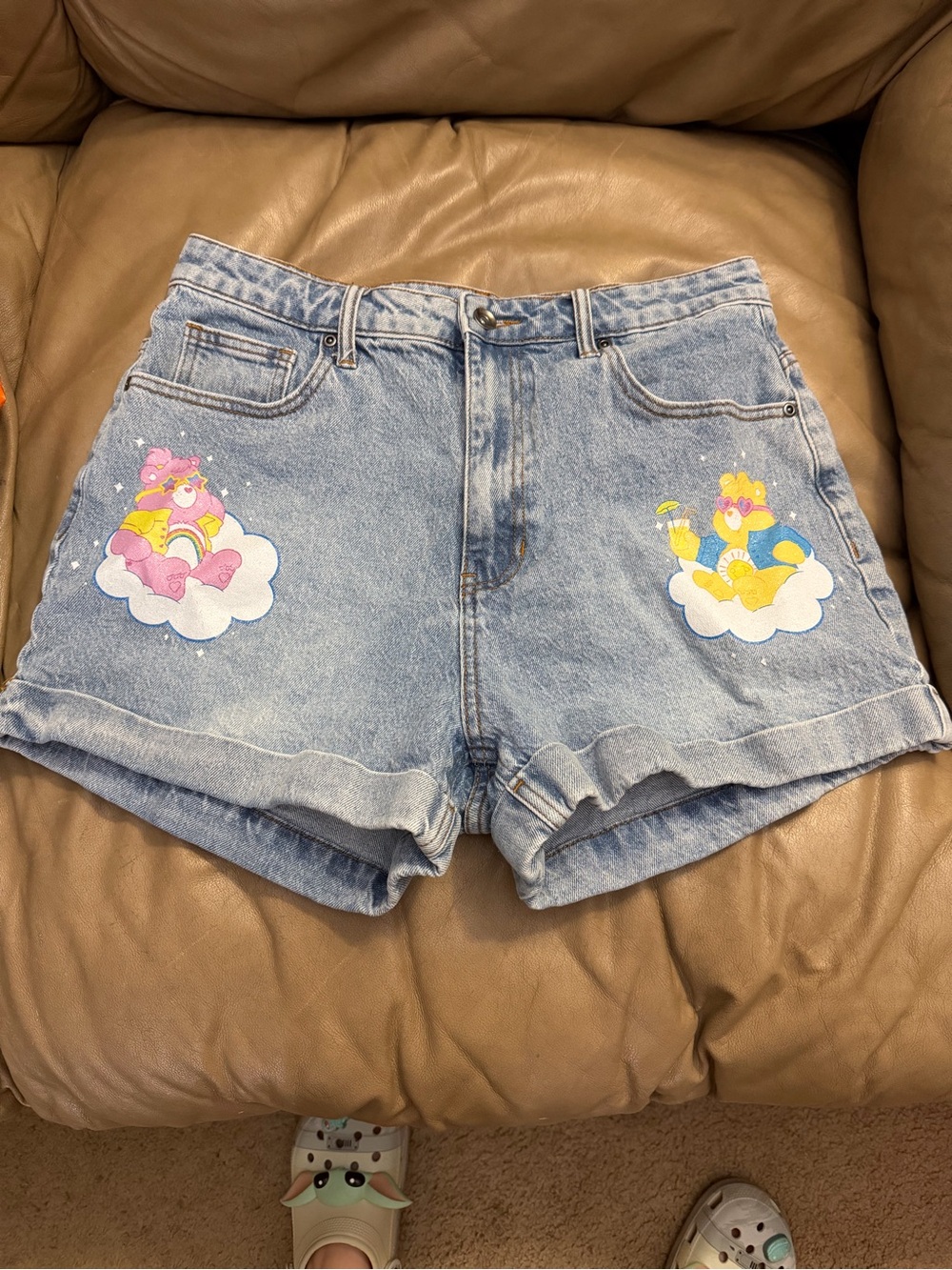 Vintage-Inspired Light Blue Denim Shorts with Care Bears Patches 9